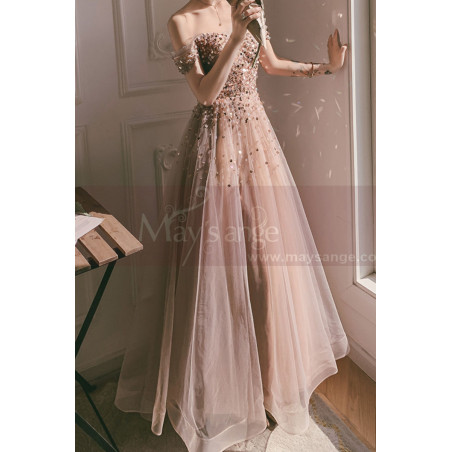 Robe Longue De Bal En Tulle Rose Nude Avec Haut Moderne En Strass Et