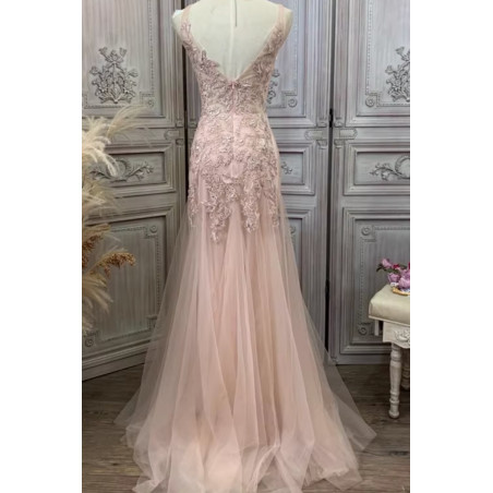 Robe soirée rose poudrée en tulle élégante avec une petite traine Ref