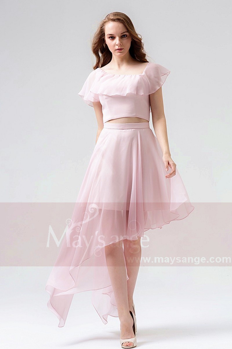 Robe De Cocktail Courte Rose En Mousseline A D Coupe Asym Trique