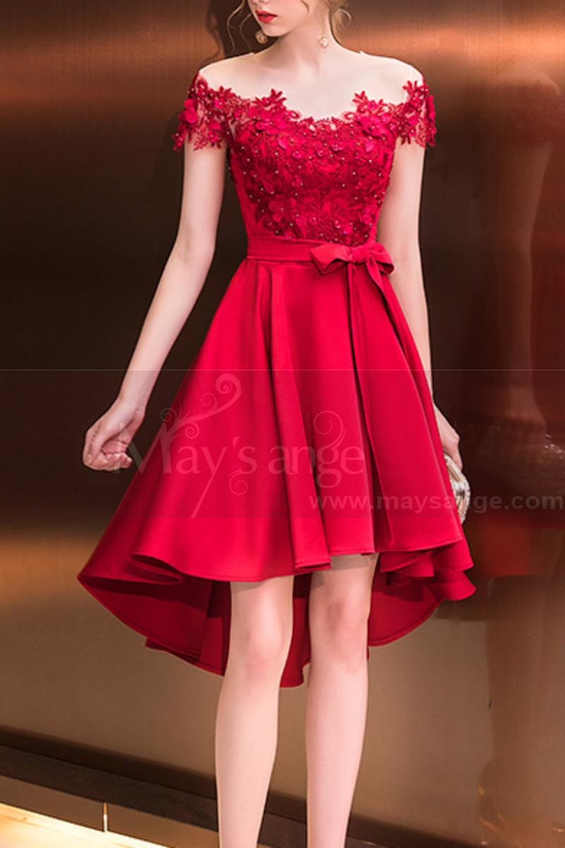 Robe Demoiselle Dhonneur Rouge Framboise Chic Bustier Fleurie Asymétrique