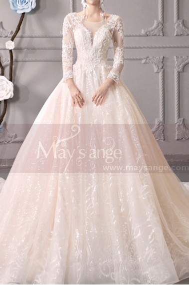 Wedding Dresses With Illusion Lace Long Length Sleeves And Deep Scooped Back - M1914 #1