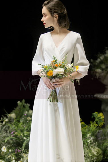 Long Sleeve White Evening Wedding Dress With Back Plunging neckline - L1950 #1