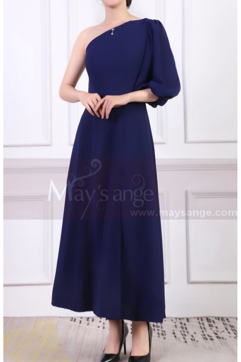 One Sleeve Asymmetrical Blue Wedding Guest Dress