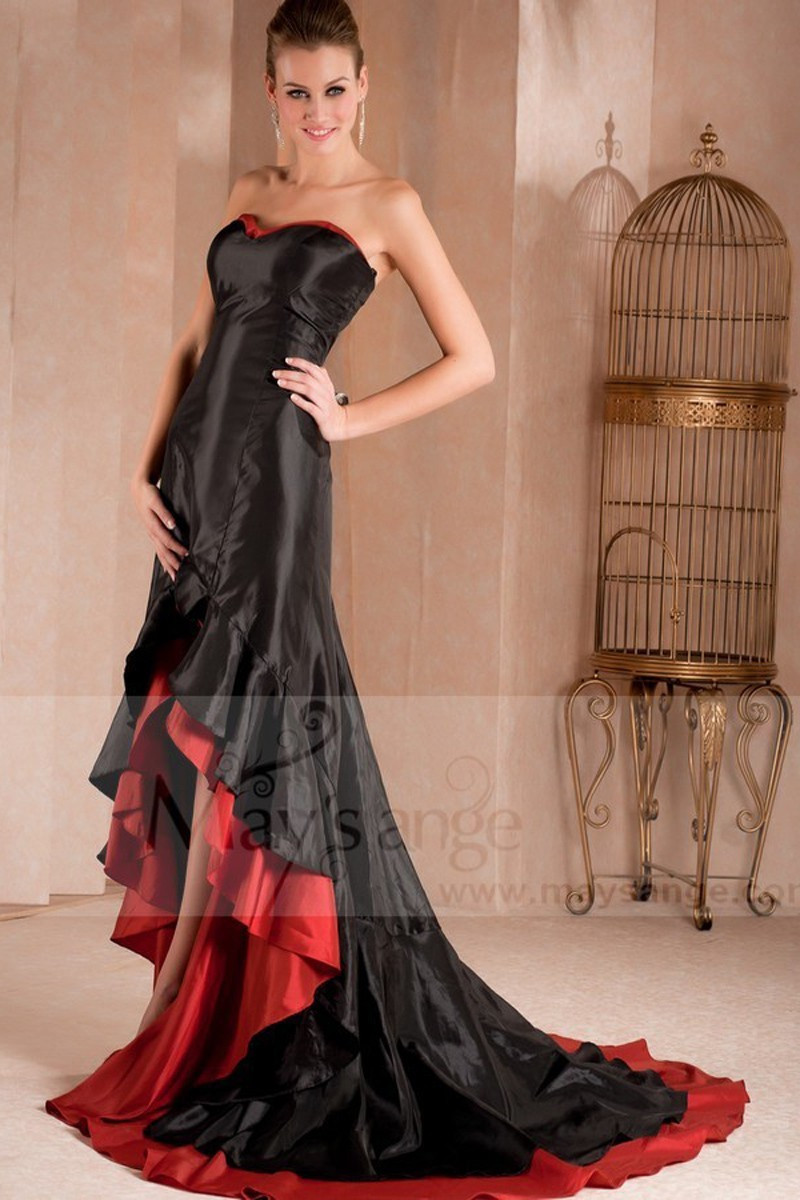 Robes longue de soirée noire et rouge latine asymétrique - Ref L275PROMO - 01