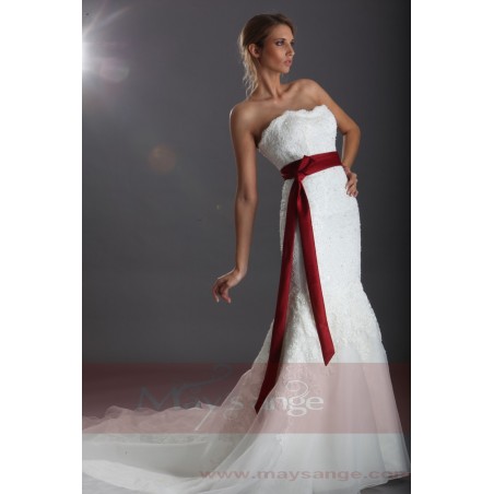 Wedding Dress With Red Ribbon On Waist | Ruby Red Wedding Dress