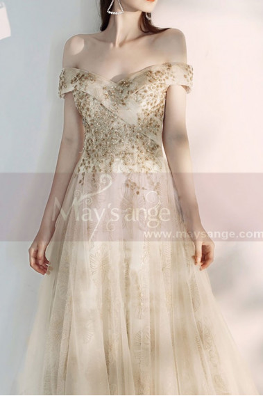 Champagne Off The Shoulder Engagement Dresses With Golden Shiny Ornament Top - L2000 #1