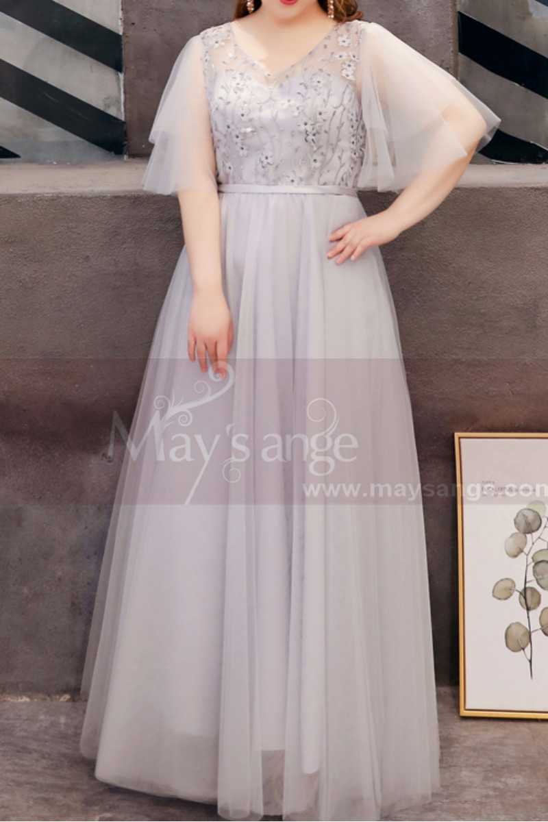 Silver Gray Tulle Plus Size Wedding Guest Dresses With Ruffle Sleeves And Embroidered Top 