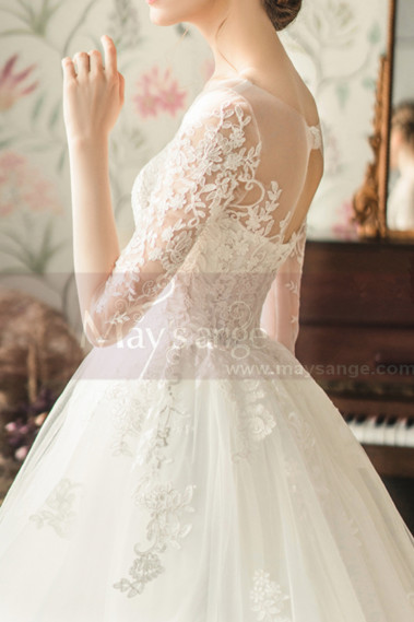 Elegant Long Sleeve White Illusion Neckline Wedding Dress