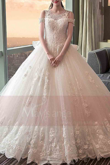 Long Train Lace Beaded Wedding Dress With Sleeves - M403 #1