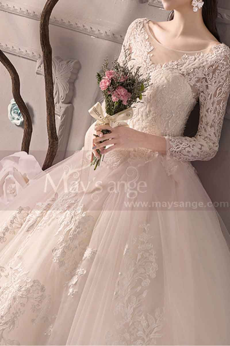 Elegant O Neck Full Sleeve Wedding Dress Illusion Lace Embroidery