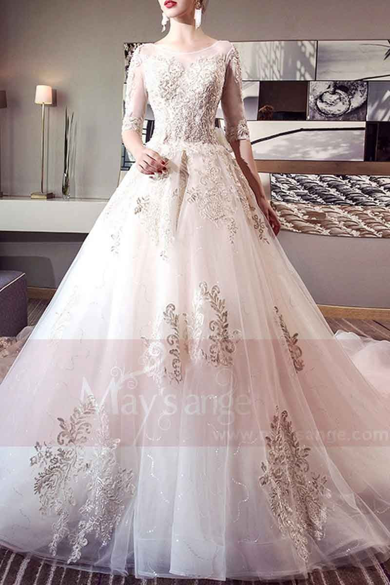Ivory Organza And Lace Wedding dress With Long Illusion Sleeve