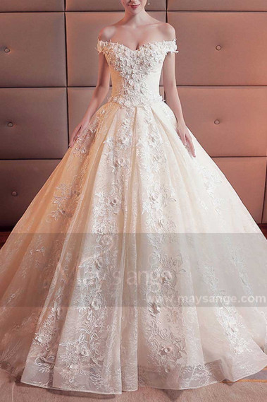 robe de mariée bustier pas cher ivoire en dentelle broderie pour mariage - M378 #1