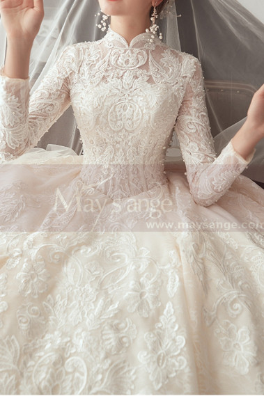 Luxury Long Illusion Sleeve Lace Bridal Gowns With High Neck - M1305 #1