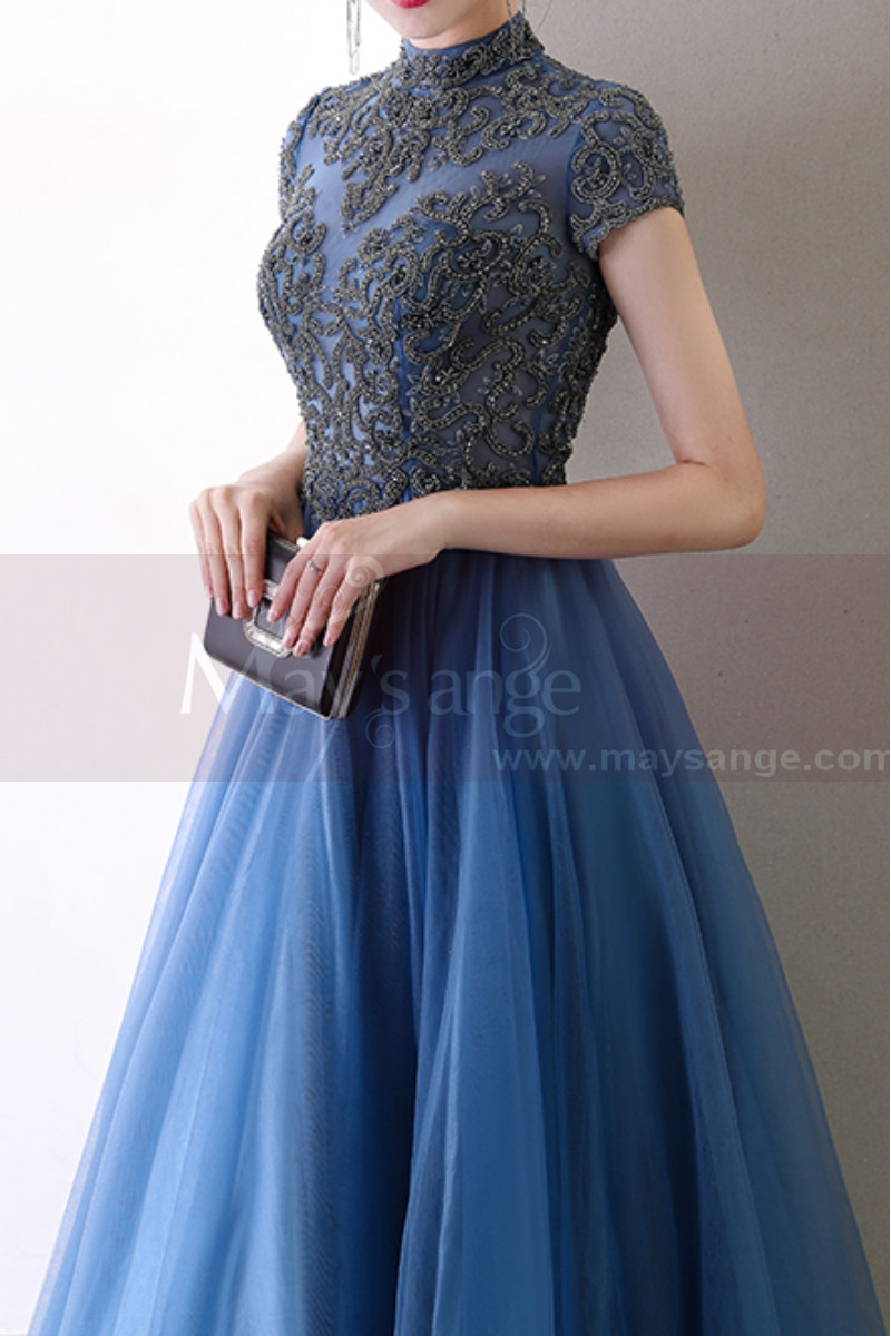 Blue Formal Dresses With Classy Top Lace And Short Sleeves
