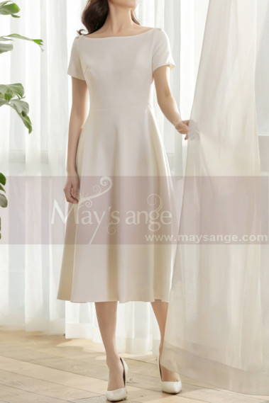 Thick Satin Off White Classy Wedding Dress With Short Sleeves - M1308 #1