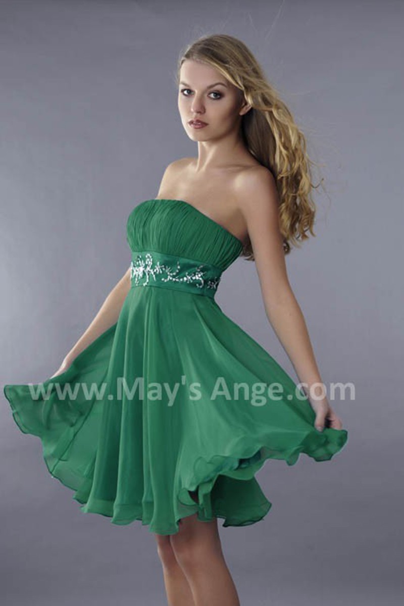 Short Green Strapless Wedding-Guest Dress With Rhinestone Belt