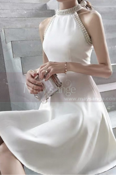 Short Chiffon Luxury Wedding Dresses With Pearl Halter Neck - M1299 #1