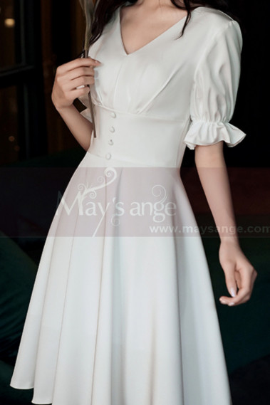 V Neck Short White Bohemian Wedding Dress With Elastic Sleeve - M1298 #1