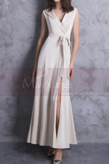 Off White Long Slit Dresses For Civil Wedding With Tie Belt - M1306 #1