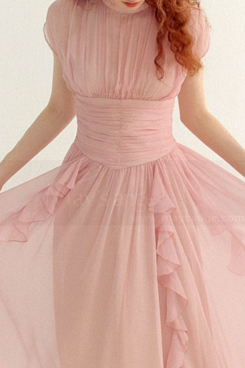 copy of Short Chiffon Pink Cocktail Dress Ruffle Neckline And Skirt - Ref C3025 - 01