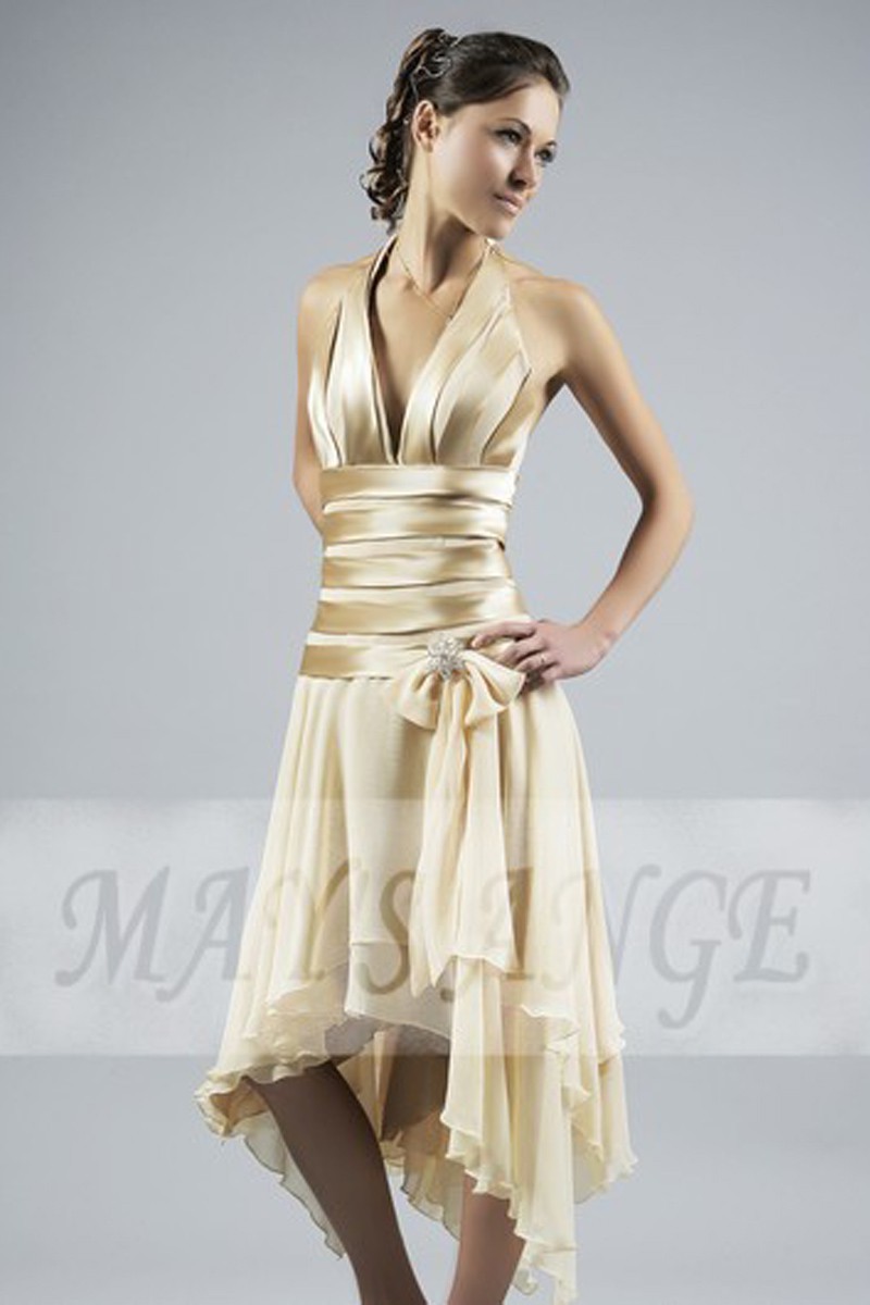 Shiny Gold-Yellow Pleated Elegant Party Evening Dress (00204503) - eDressit