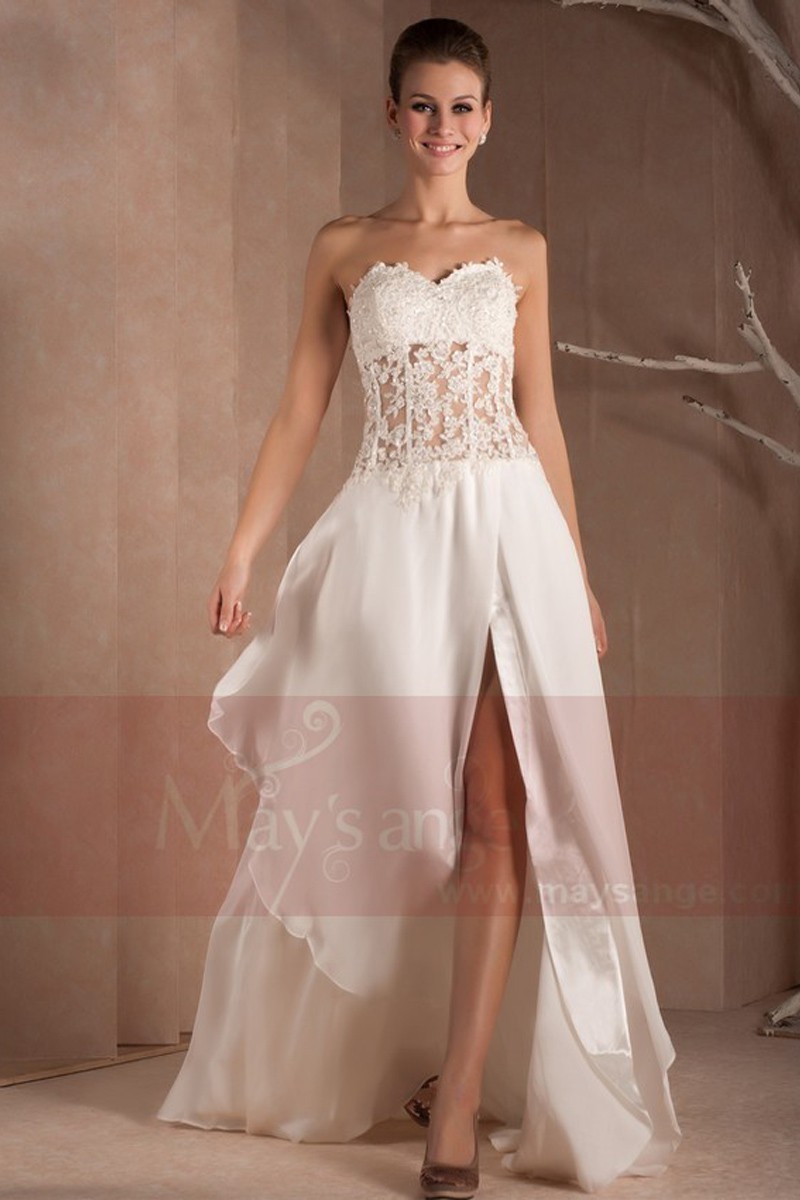 Robe De Mariage Chic Bustier Transparent Dentelle Et Mousseline