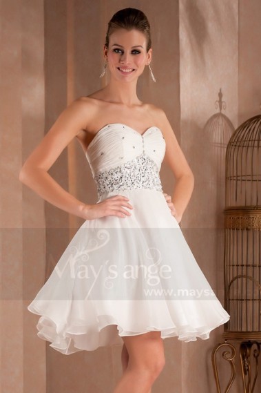 SHORT WHITE DRESS WITH DRAPED SWEETHEART NECKLINE AND PEARLS - C284 #1