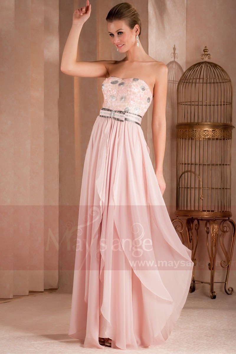 STRAPLESS LONG PINK DRESS WITH GLITTER FOR WEDDING GUEST