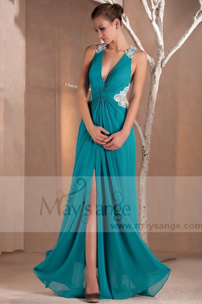 Sexy Turquoise Long Dress Deep V Neckline And Slit In Front 8221