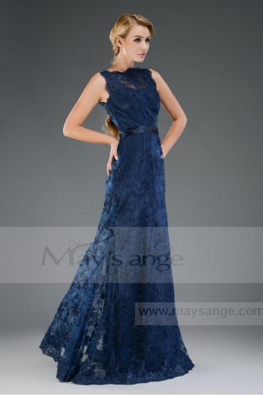 Long Blue Ocean Lace Evening Dress with Round Neck - L524 #1