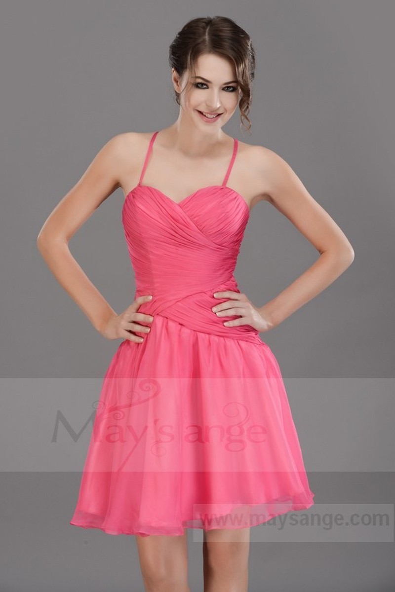 Fuchsia Short Cocktail Dress Thin Straps And Pleated Bodice 3344