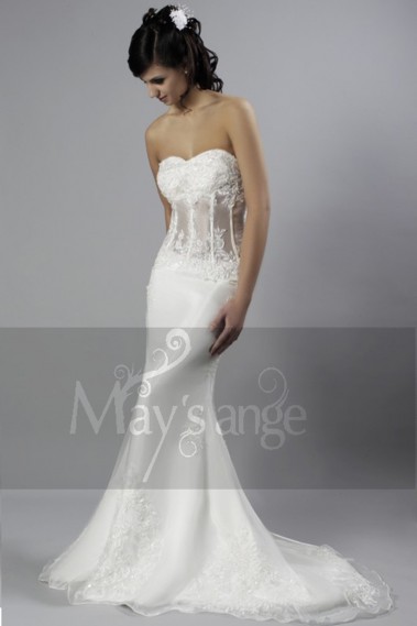 Lace wedding dress Paris with long train and transparent bustier - M023 #1