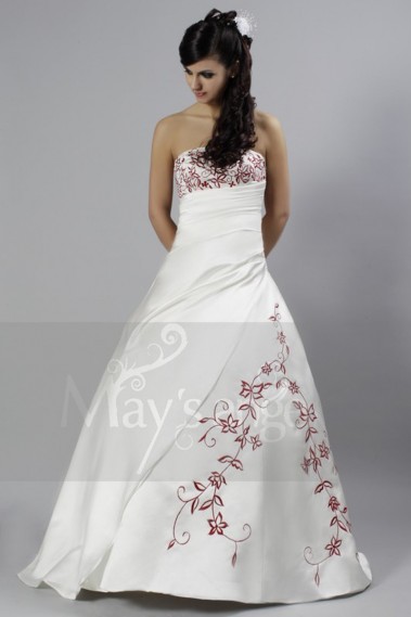 A-Line Satin Wedding Dress With Red Embroidery - M025 #1