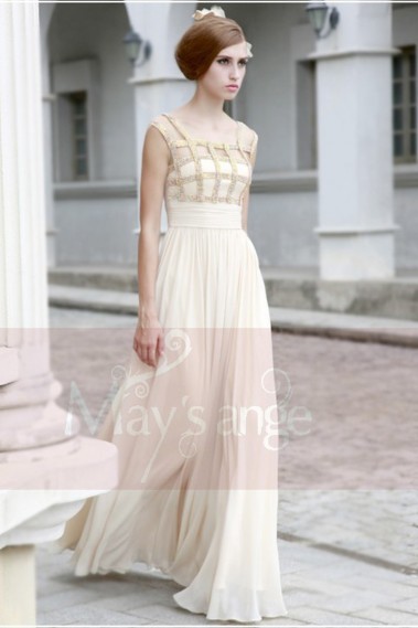 Elegant Ivory Long Evening Dress With Rhinestone Grid - L107 #1