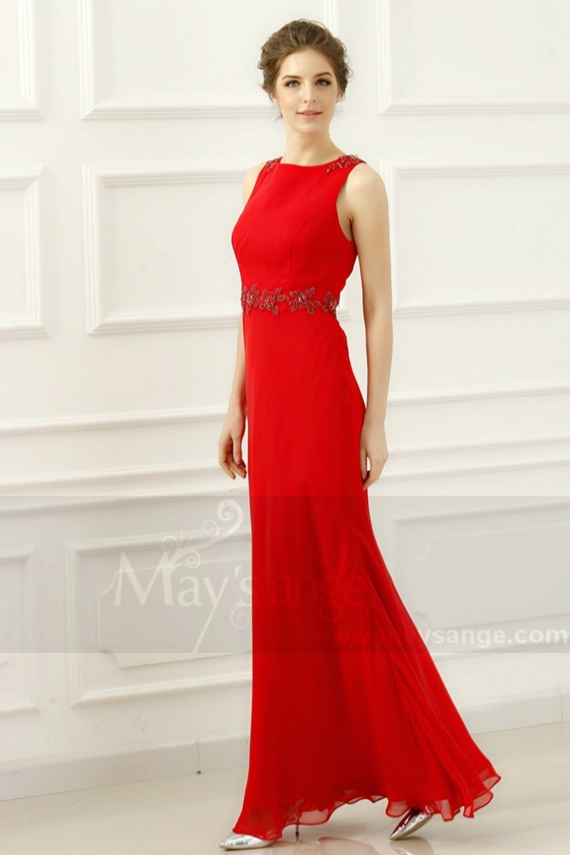 LONG RED WEDDING GUEST DRESS SLEEVELESS WITH EMBROIDERED