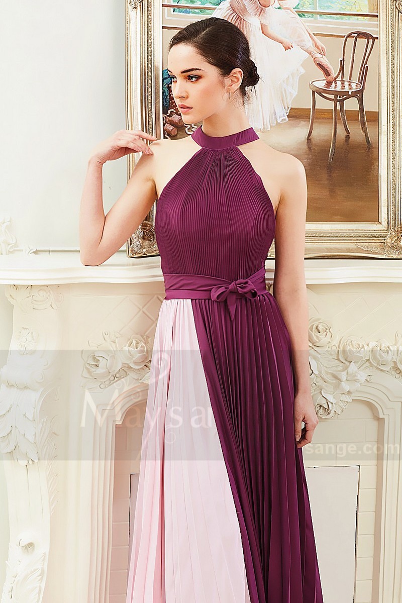 Robe De Soirée Plisse Bicolorie Violet Et Rose Super élegante