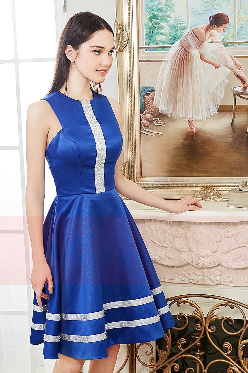 Short White And Royal Blue Cocktail Dress Satin