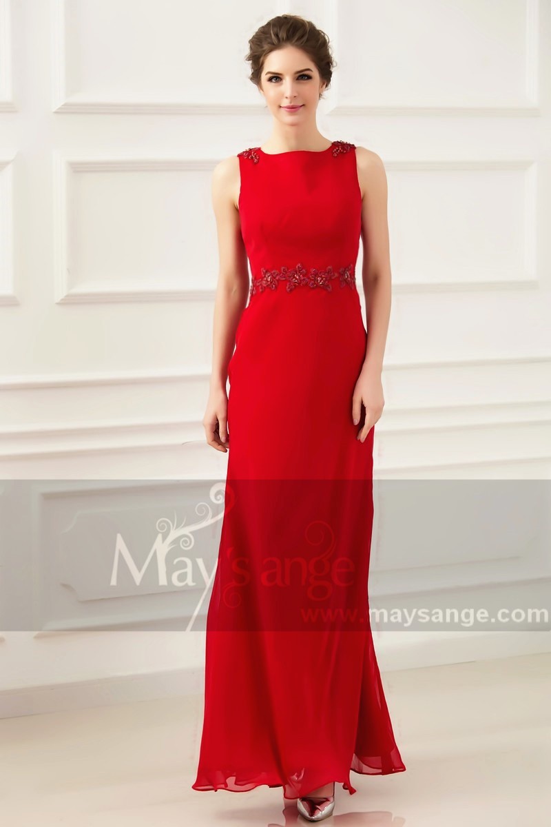 LONG RED WEDDING GUEST DRESS SLEEVELESS WITH EMBROIDERED