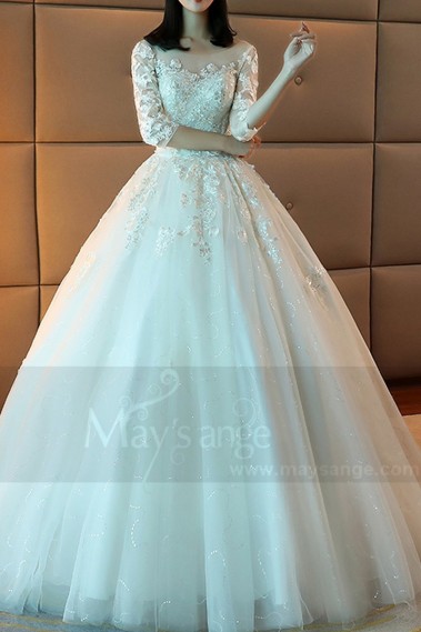 Tulle Princess Wedding Dress Long Illusion Sleeve With Train - M373 #1