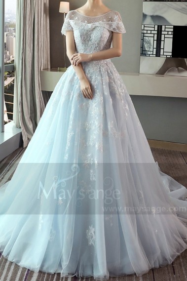 Turquoise Organza Princess Wedding Dress With Cap-Sleeve - M376 #1