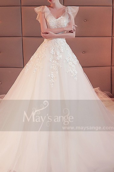 robe mariage blanche manche courte voile douce dentelle et strass - M392 #1