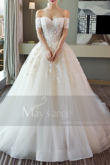 Off-The-Shoulder Tulle Princess Wedding Dress With Long Train - M380 #1