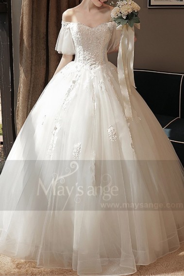 Ivory Off-The-Shoulder Ball-Gown Wedding Dress Short Sleeves With Ruffles - M389 #1