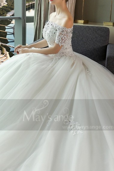 Cathedral Train Off-The-Shoulder Tulle And Lace Ball-Gown Wedding Dress - M381 #1