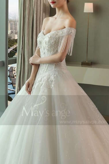 Luxurious Strapless Beaded Lace Wedding Dress With Long Train - M390 #1