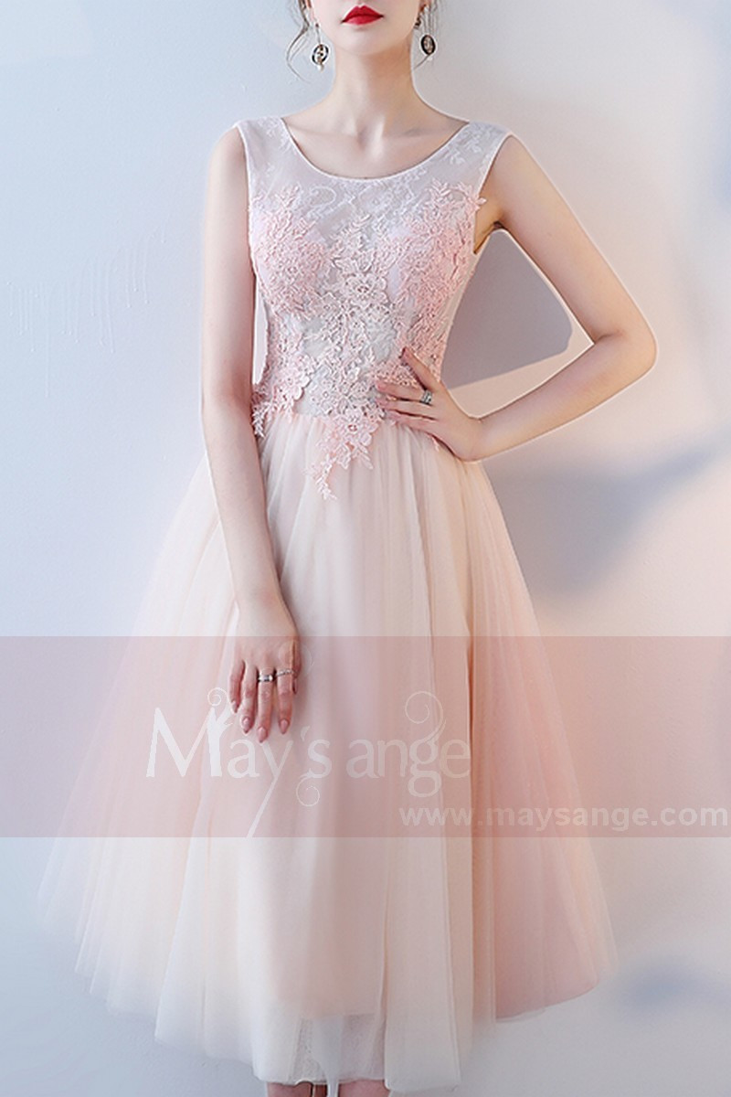 Tea Length Tulle Pink Prom Dress With Lace Bodice 